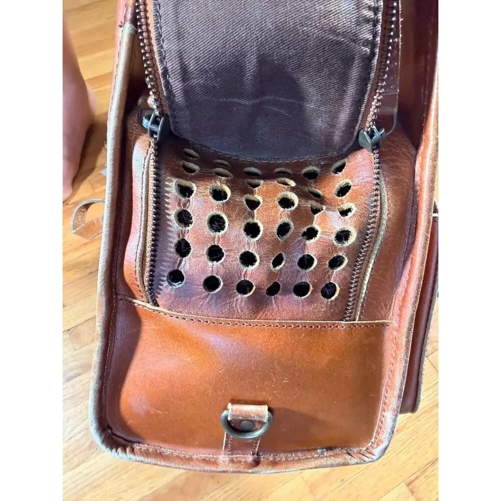 Vintage Brown Leather Small Dog Pet Carrier Bag Travel Tote Ventilated 18
